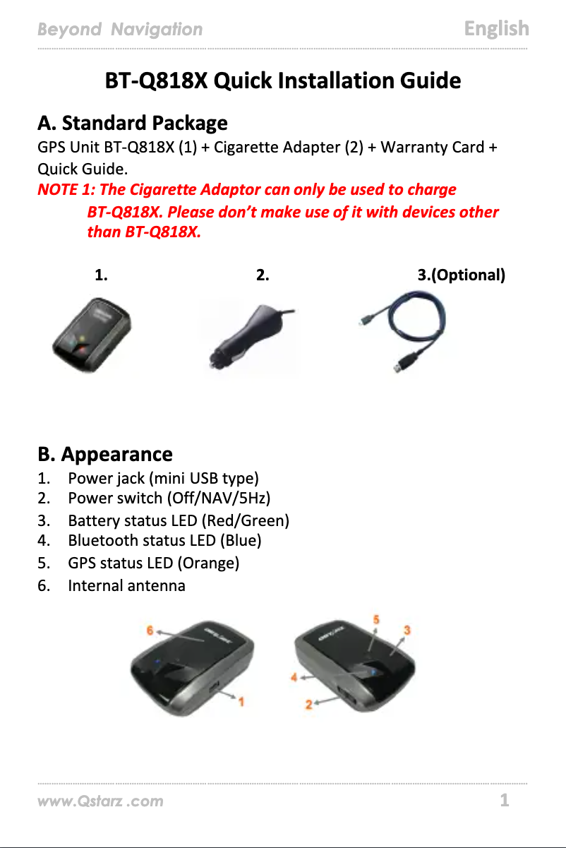 Page n°1 - Manuel utilisateur Qstarz BT-Q818XT