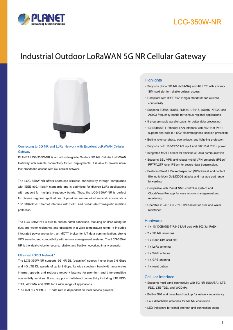 Page 1 de la notice Fiche technique Planet LCG-350W-NR