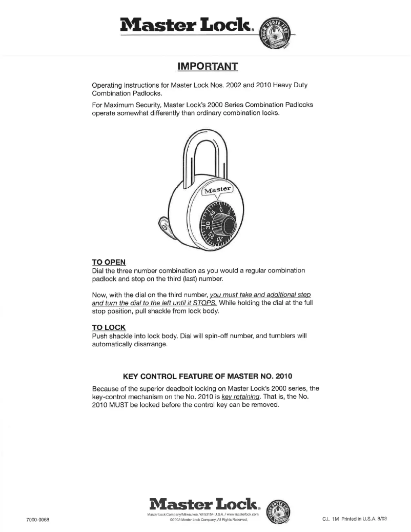 Page 1 de la notice Manuel utilisateur Master Lock 2002