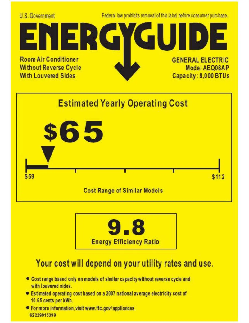 Page 1 de la notice Label énergétique GE AEQ08AP