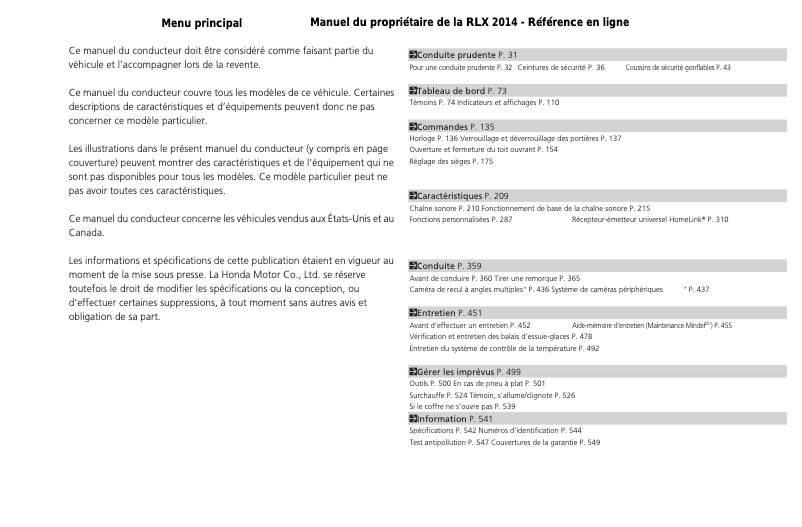 Page 1 de la notice Manuel utilisateur Acura RLX Hybrid (2014)