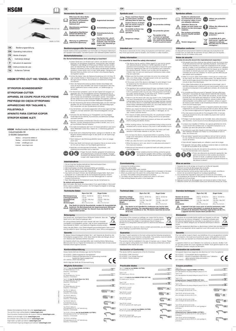 Page 1 de la notice Manuel utilisateur HSGM Styro-Cut 140
