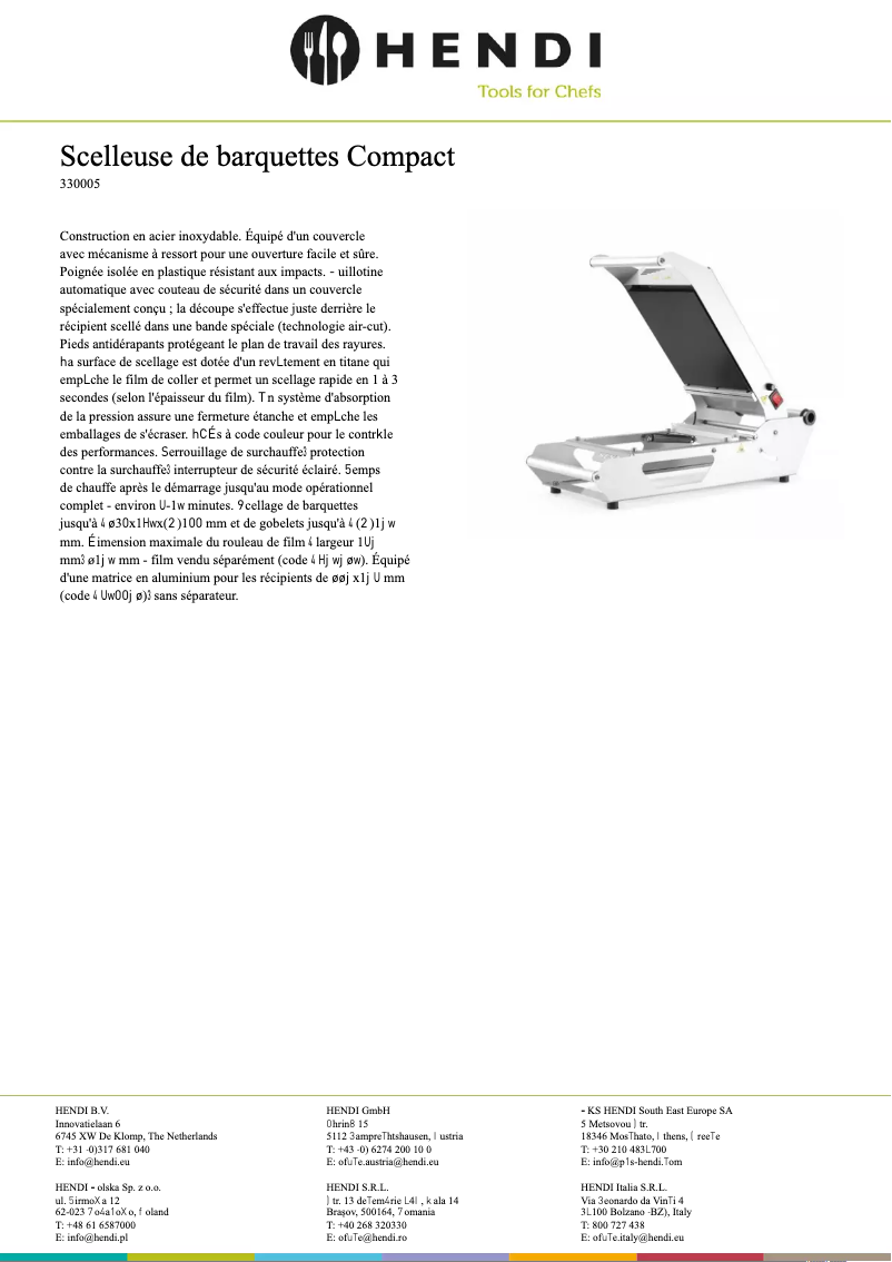 Page 1 de la notice Fiche technique Hendi 330005