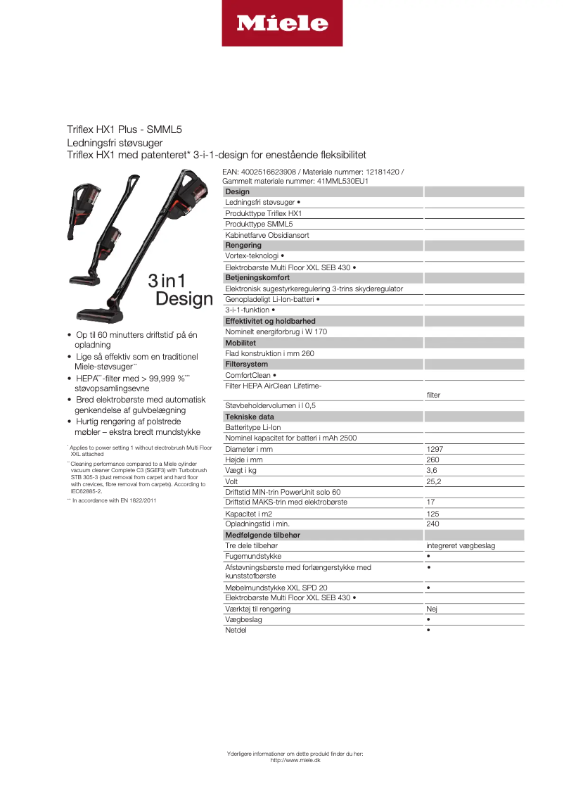 Página 1 del manual Ficha técnica Miele Triflex HX1 Plus
