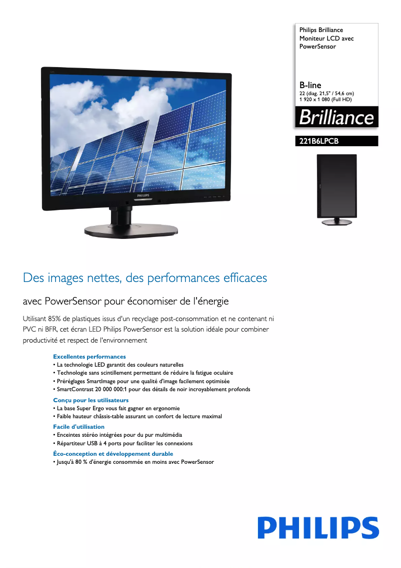 Page 1 de la notice Fiche technique Philips Brilliance 221B6LPCB