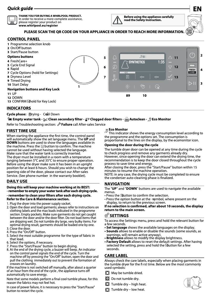 Página 1 del manual Manual de uso y mantenimiento Whirlpool W6 D84WB EE