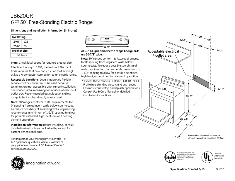 Page n°1 - Fiche technique GE JB620GRSA