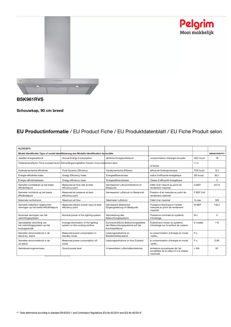 Page 1 de la notice Fiche technique Pelgrim BSK961RVS