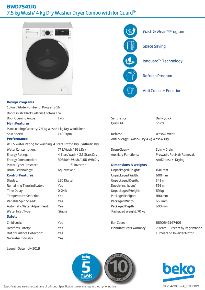 Page 1 de la notice Fiche technique Beko BWD7541IG