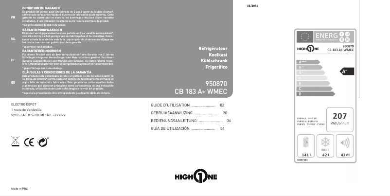 Page 1 de la notice Manuel utilisateur High One CB 183A+ WMEC