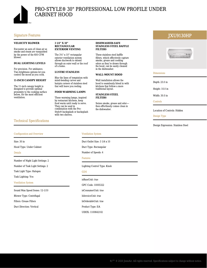 Page n°1 - Fiche technique JennAir JXU9130HP