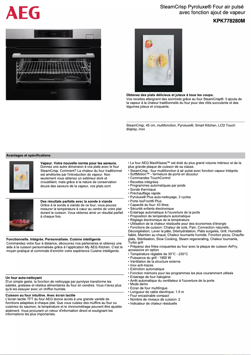 Page 1 de la notice Fiche technique AEG KPK778280M
