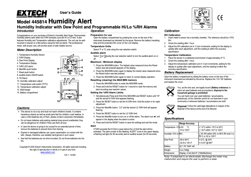 Page 1 de la notice Manuel utilisateur Extech 445814