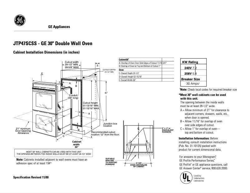 Page n°1 - Fiche technique GE Profile JTP47SCSS