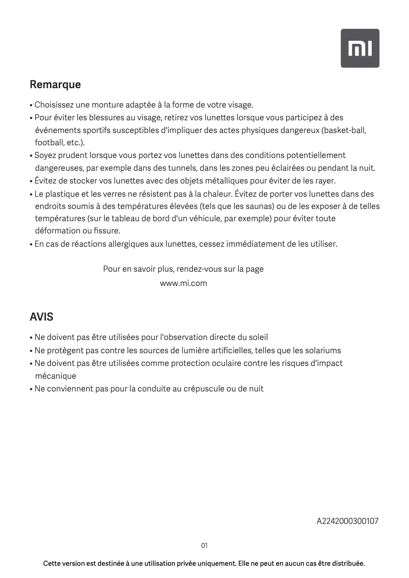 Page 1 de la notice Manuel utilisateur Xiaomi TS Computer Glasses