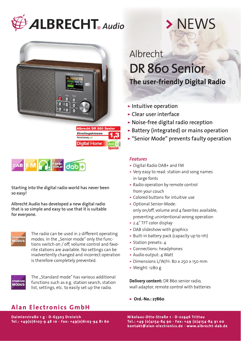 Page 1 de la notice Fiche technique Albrecht DR 860 Senior