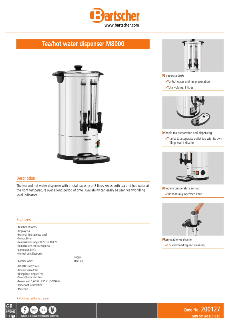 Página 1 del manual Ficha técnica Bartscher M8000