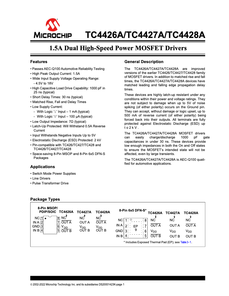 Page 1 de la notice Fiche technique Microchip TC4427A