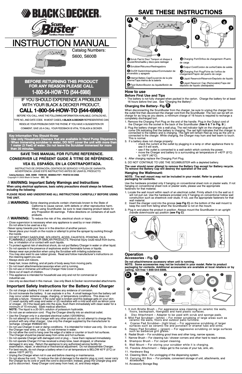 Page 1 de la notice Manuel utilisateur Black & Decker ScumBuster S600B