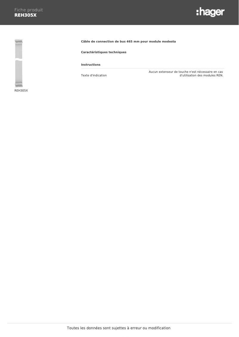 Page 1 de la notice Fiche technique Hager REH305X