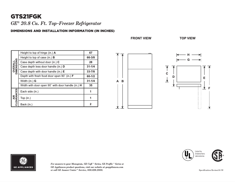 Page n°1 - Fiche technique GE GTS21FGKBB