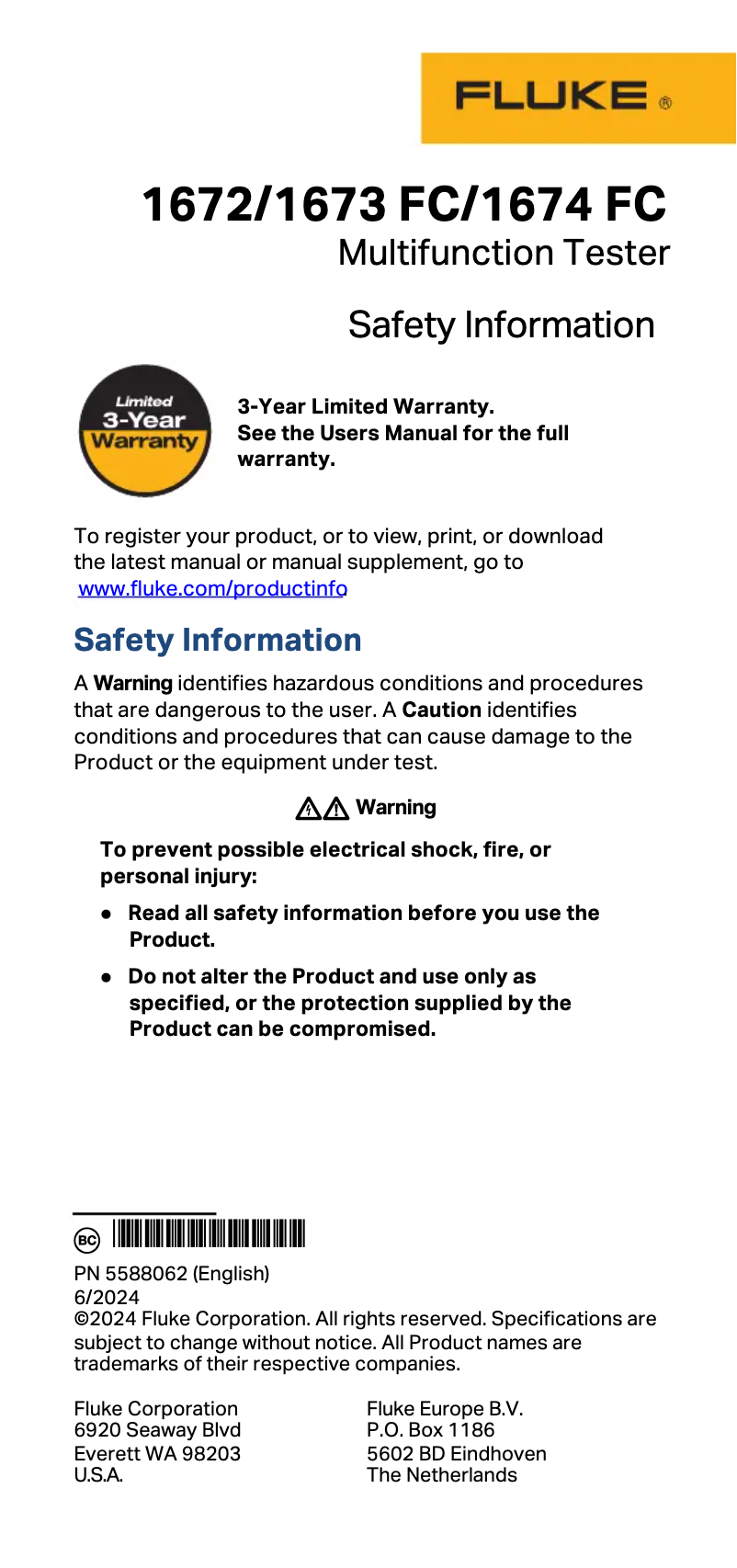 Page n°1 - Instructions de sécurité Fluke 1670