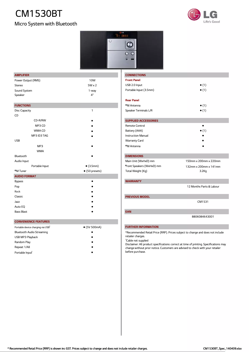 Image de la première page du manuel de l'appareil CM1530BT