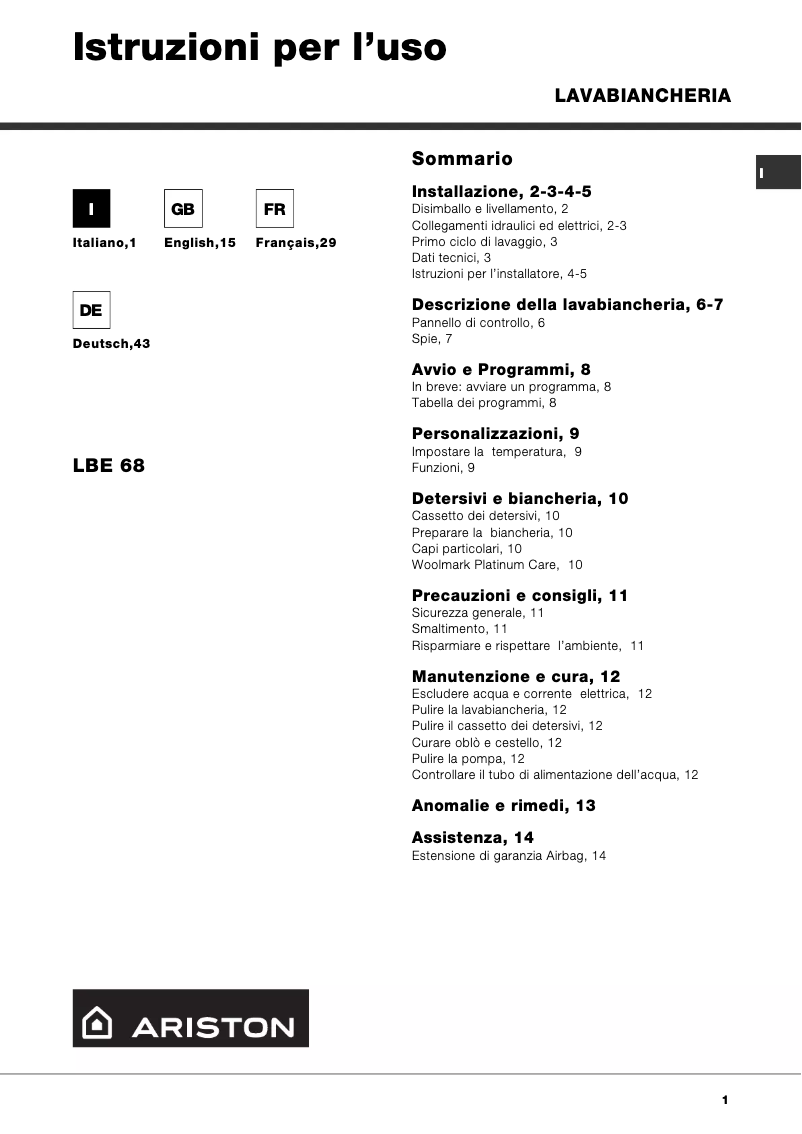 Page n°1 - Manuel utilisateur Ariston Thermo LBE68