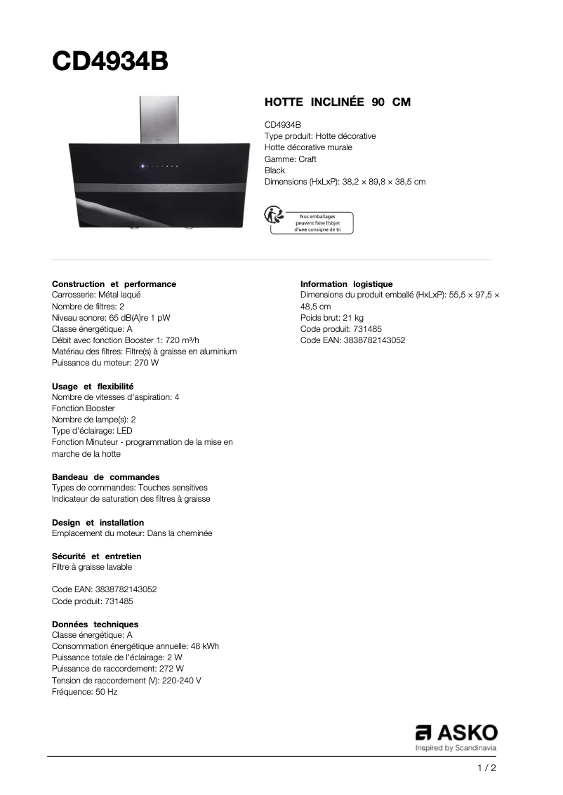 Page n°1 - Fiche technique Asko CD4934B