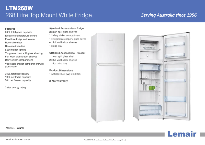 Page 1 de la notice Fiche technique Lemair LTM268W