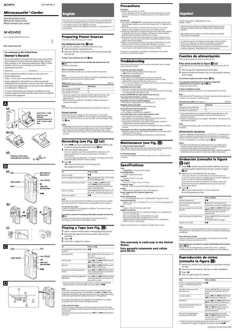 Page 1 de la notice Manuel utilisateur Sony M-455