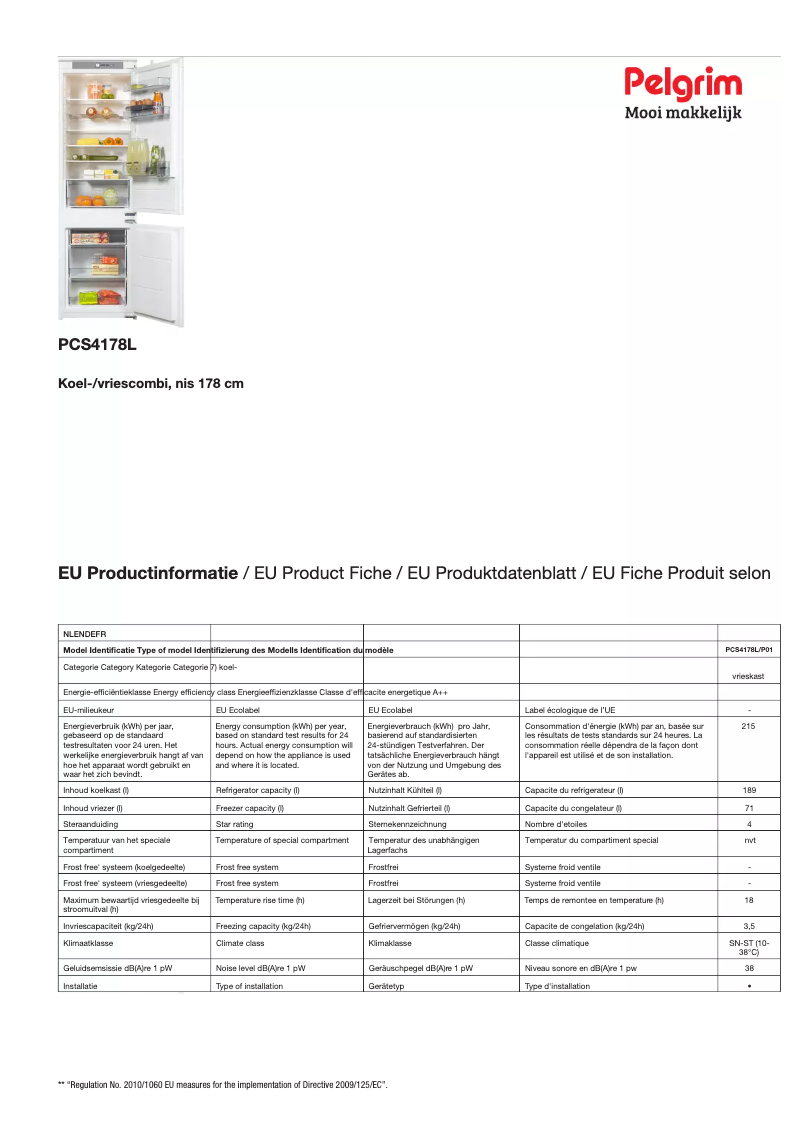 Page 1 de la notice Fiche technique Pelgrim PCS4178L