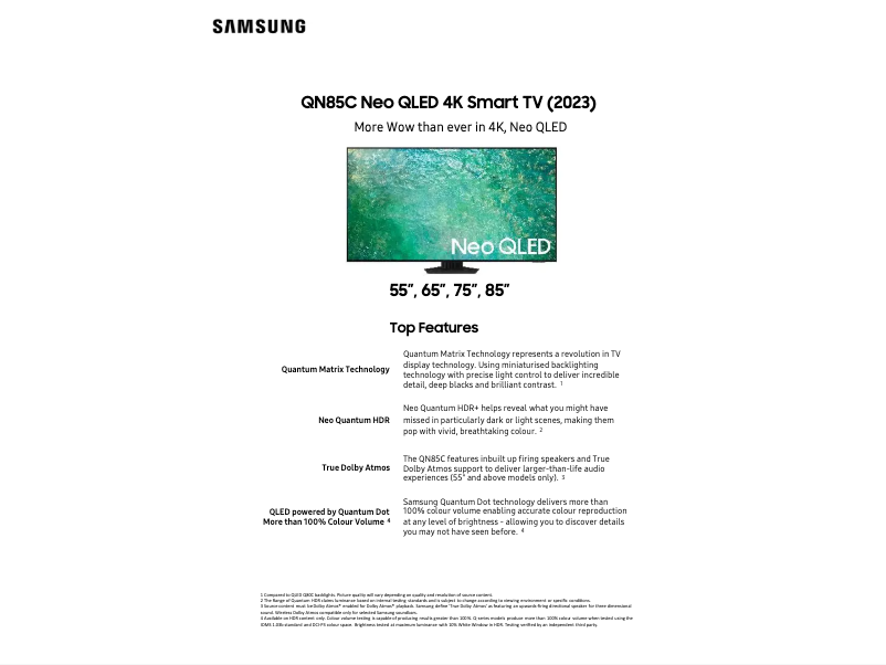 Page 1 de la notice Fiche technique Samsung QA85QN85CAW