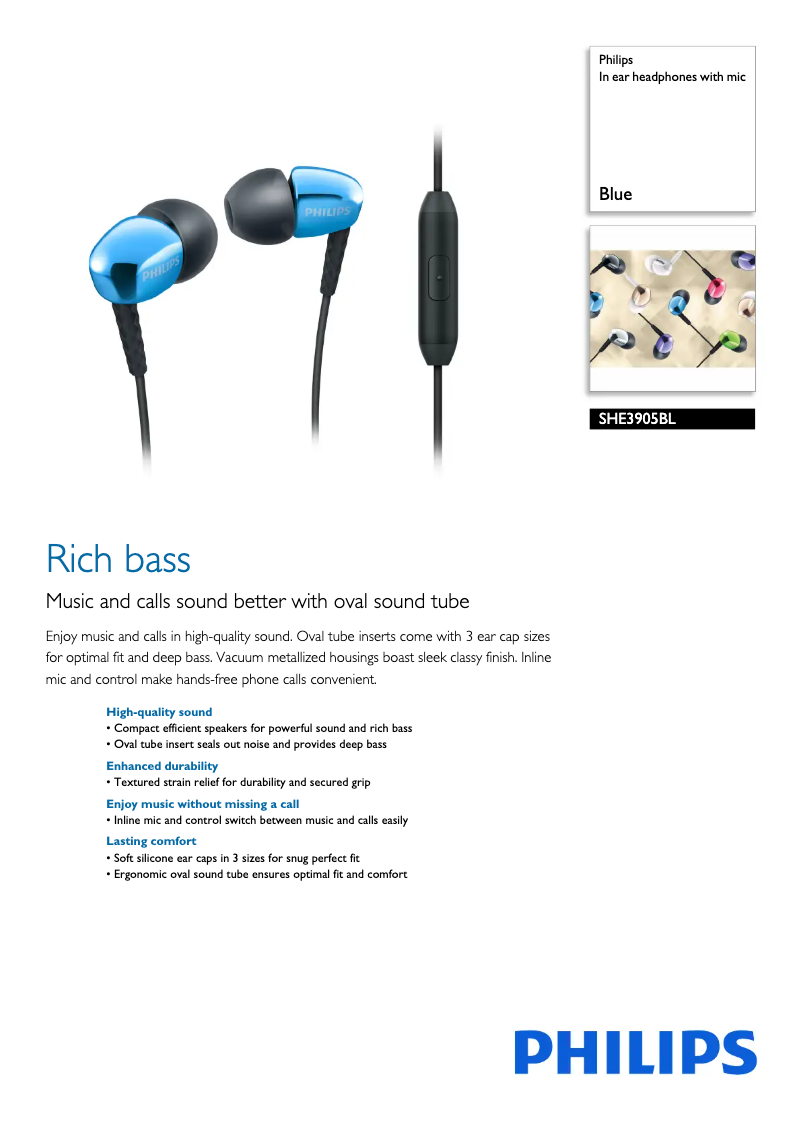 Page 1 of the manual Technical Sheet Philips SHE3905