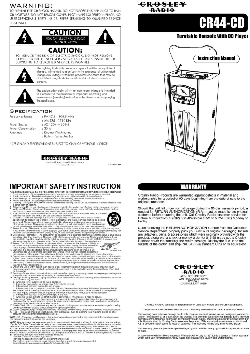 Page n°1 - Manuel utilisateur Crosley CR44CD