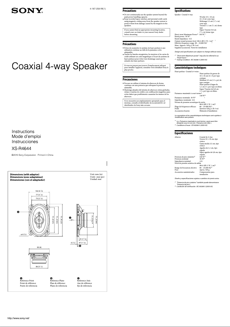 Page 1 de la notice Manuel utilisateur Sony XS-R4644