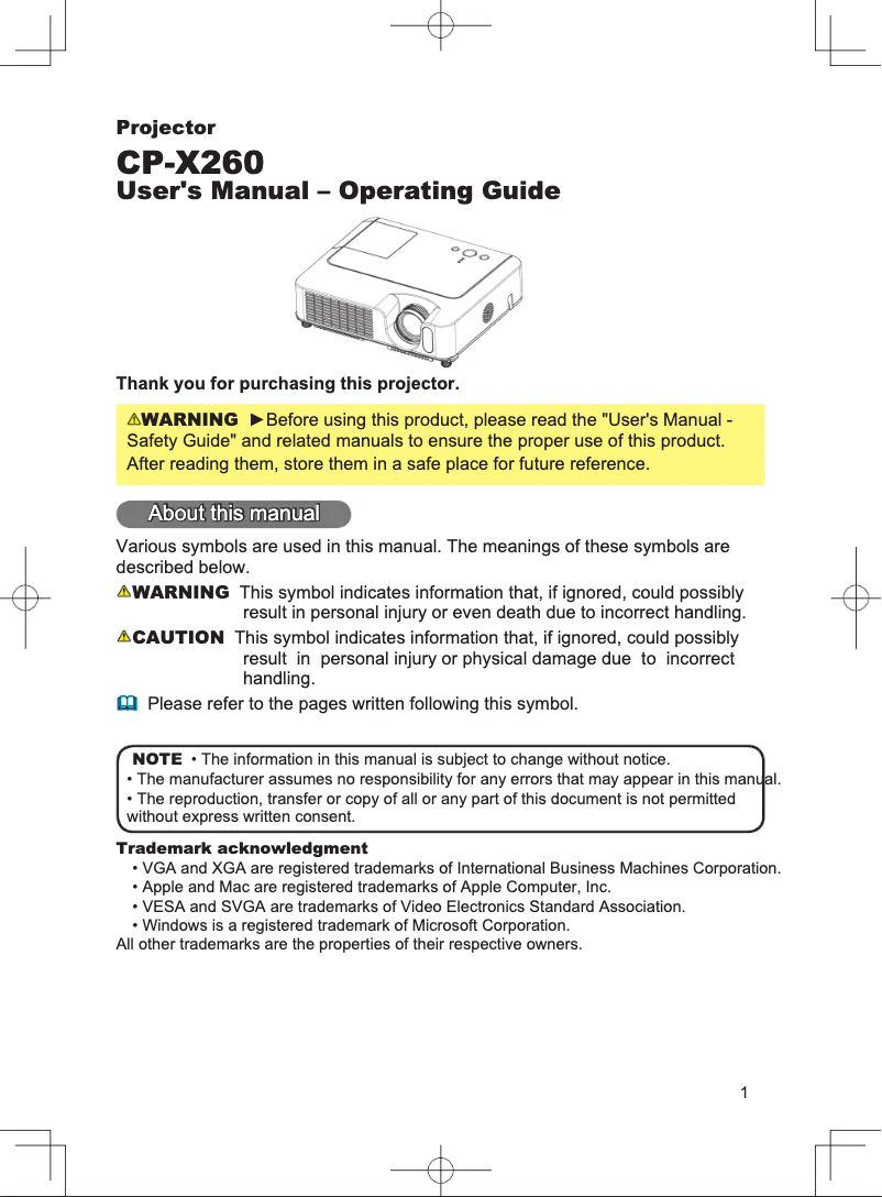 Page 1 de la notice Manuel utilisateur Hitachi CP-X260W