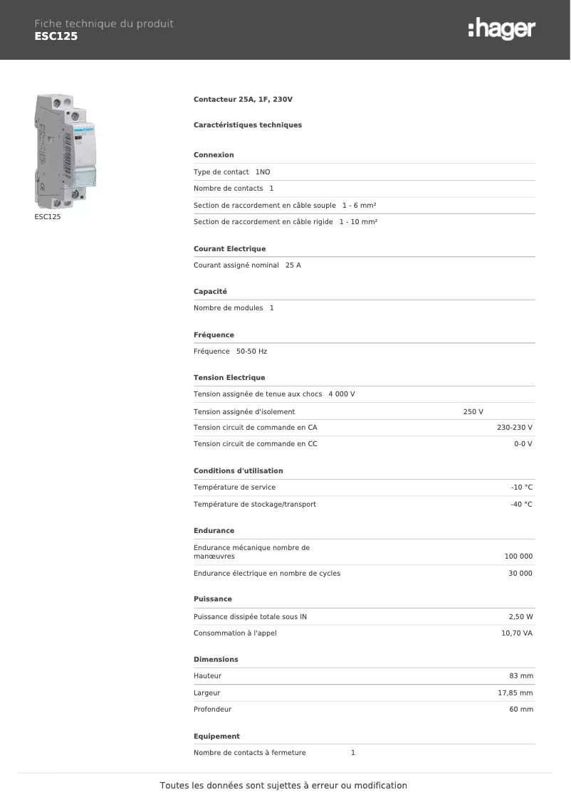 Page n°1 - Fiche technique Hager ESC125