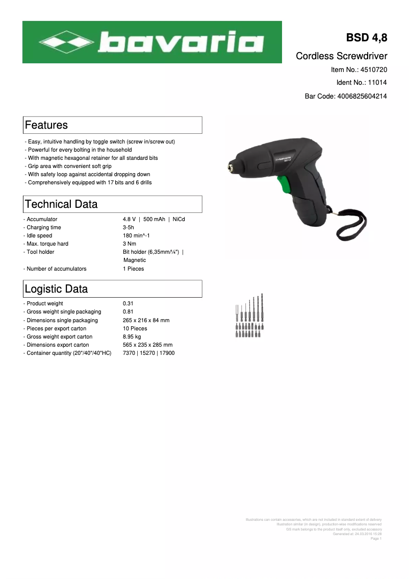 Page 1 de la notice Fiche technique Bavaria BSD 48