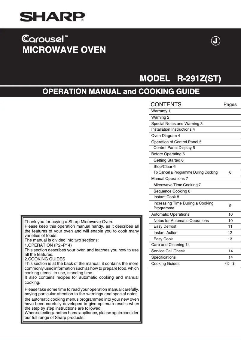 Page 1 de la notice Manuel utilisateur Sharp R-291ZST