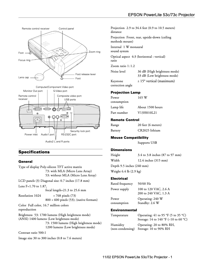 Imagen de la primera página del manual del dispositivo PowerLite 53c