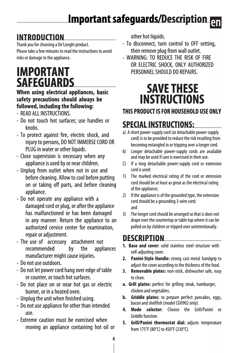 Page n°1 - Manuel utilisateur DeLonghi CGH902