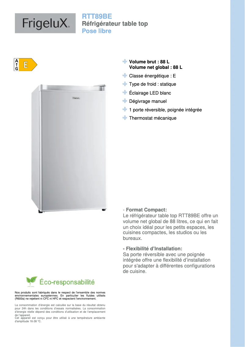 Page 1 de la notice Fiche technique FrigeluX RTT89BE