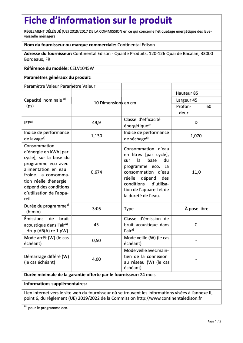 Page n°1 - Label énergétique Continental Edison CELV1045W