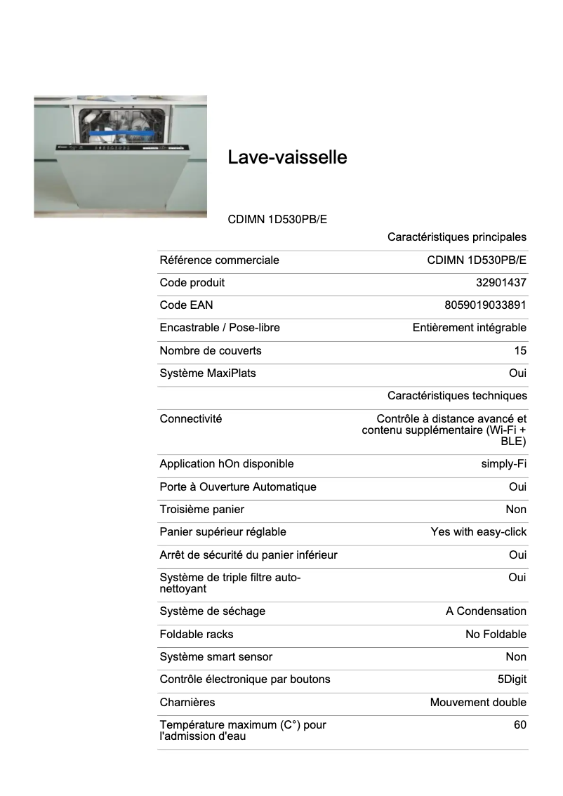 Page 1 de la notice Fiche technique Candy CDIMN 1D530PB