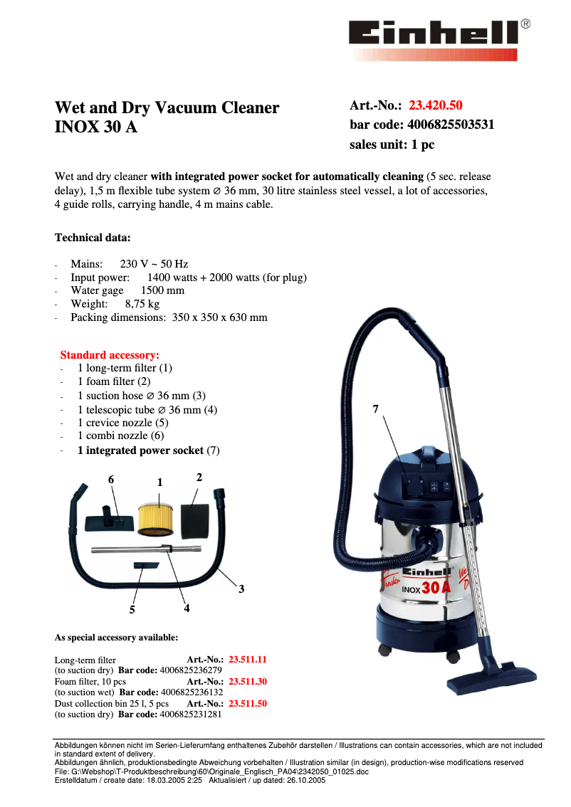 Page n°1 - Fiche technique Einhell INOX 30 A
