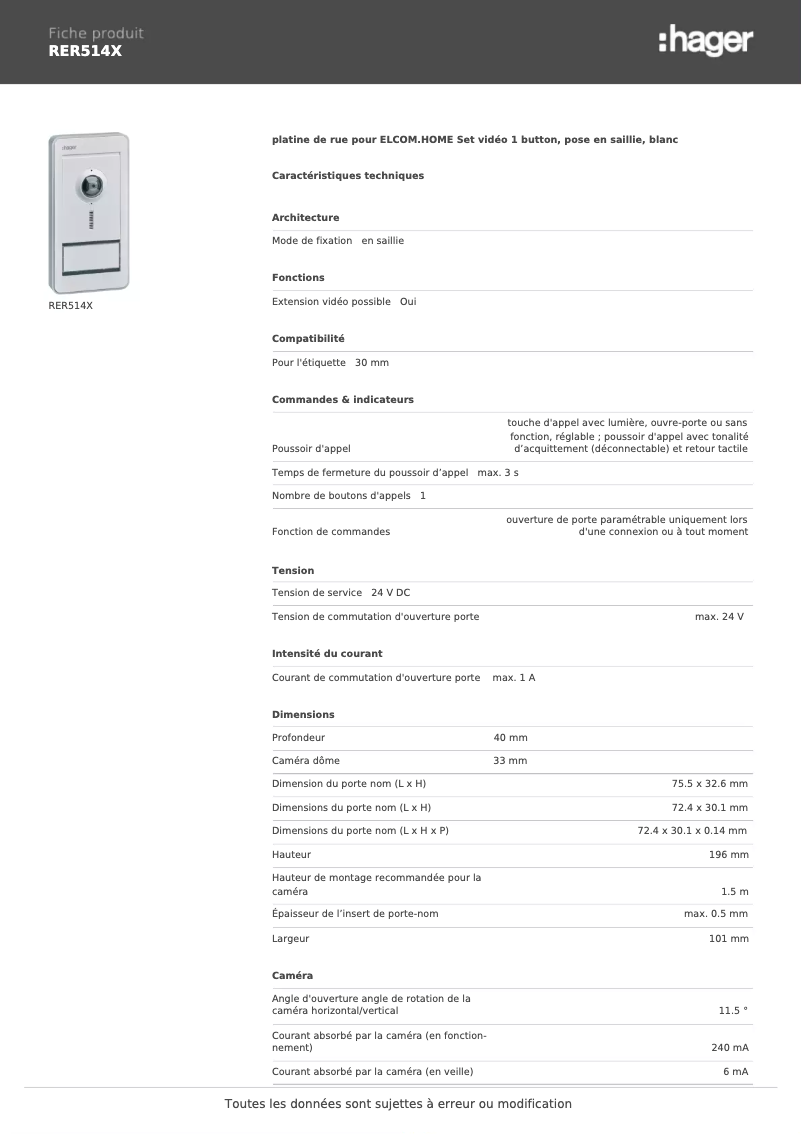 Page 1 de la notice Manuel utilisateur Hager RER514X