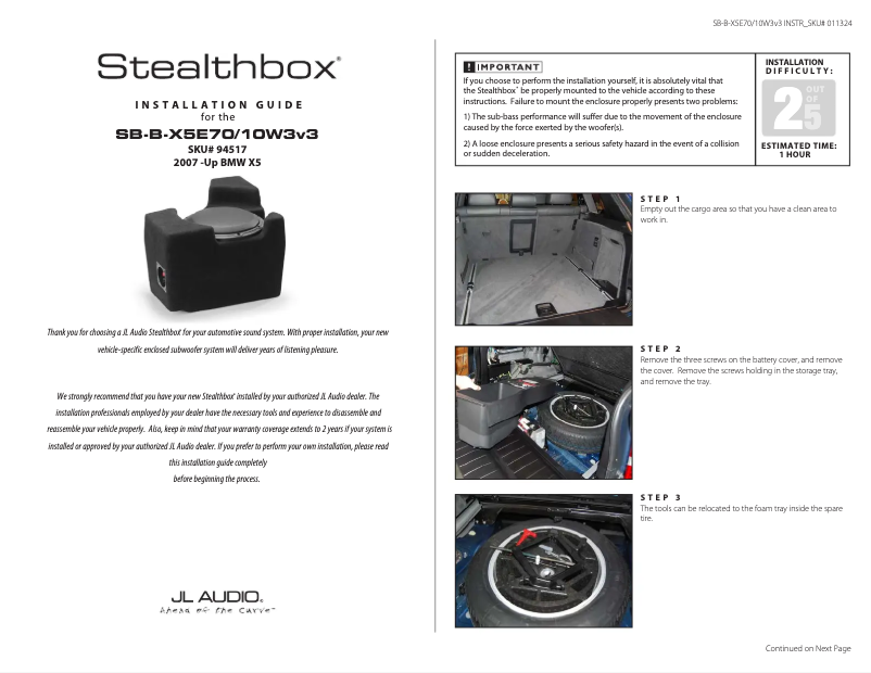 Page n°1 - Manuel utilisateur JL Audio Stealthbox SB-B-X5E70/10W3v3
