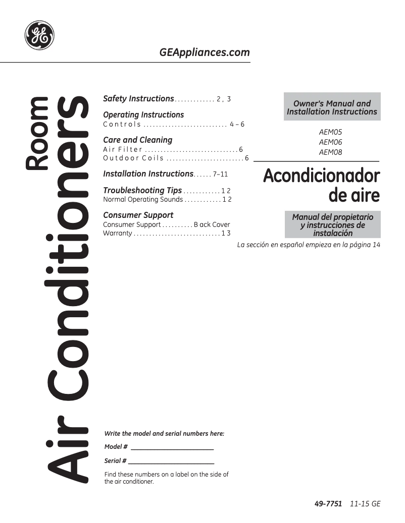 Page n°1 - Manuel d'utilisation et d'entretien GE AEM05LV