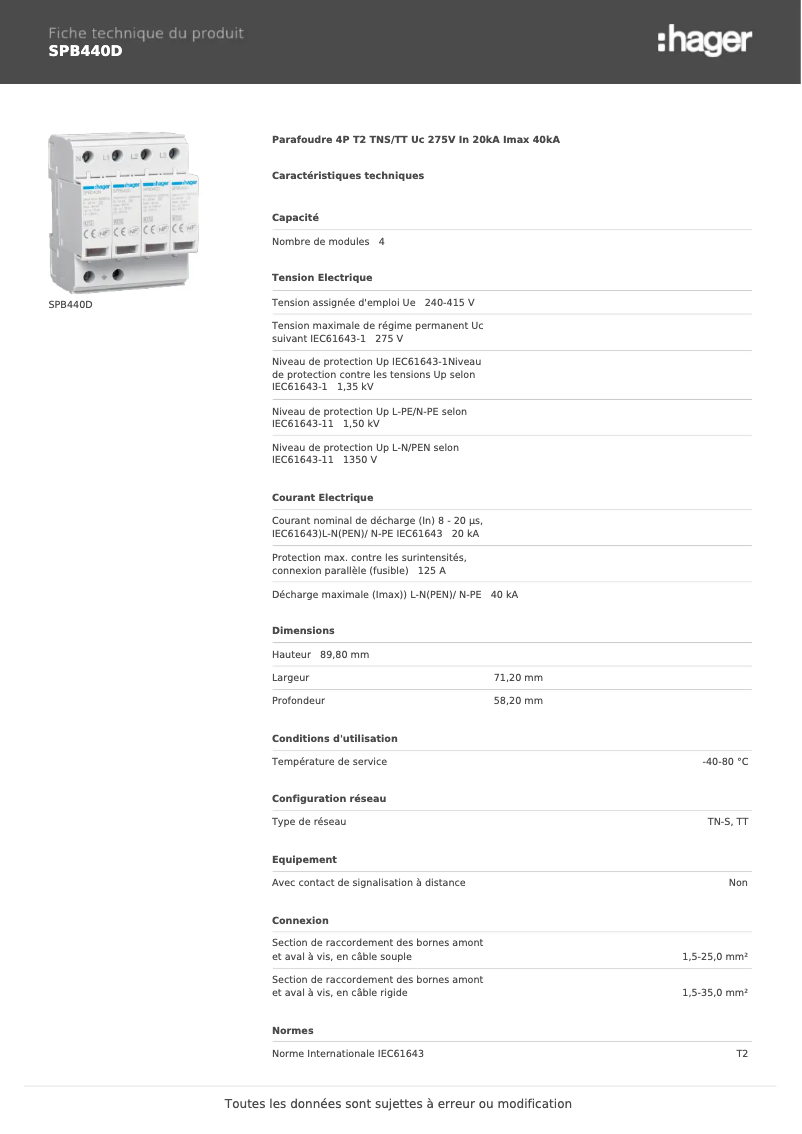 Page 1 de la notice Fiche technique Hager SPB440D